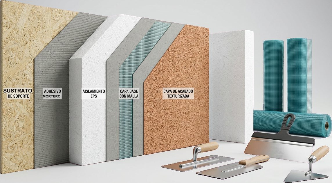 Corte del Sistema EIFS: sustrato de soporte, adhesivo/mortero, aislamiento EPS, capa base con malla y capa de acabado texturizada, con herramientas y malla